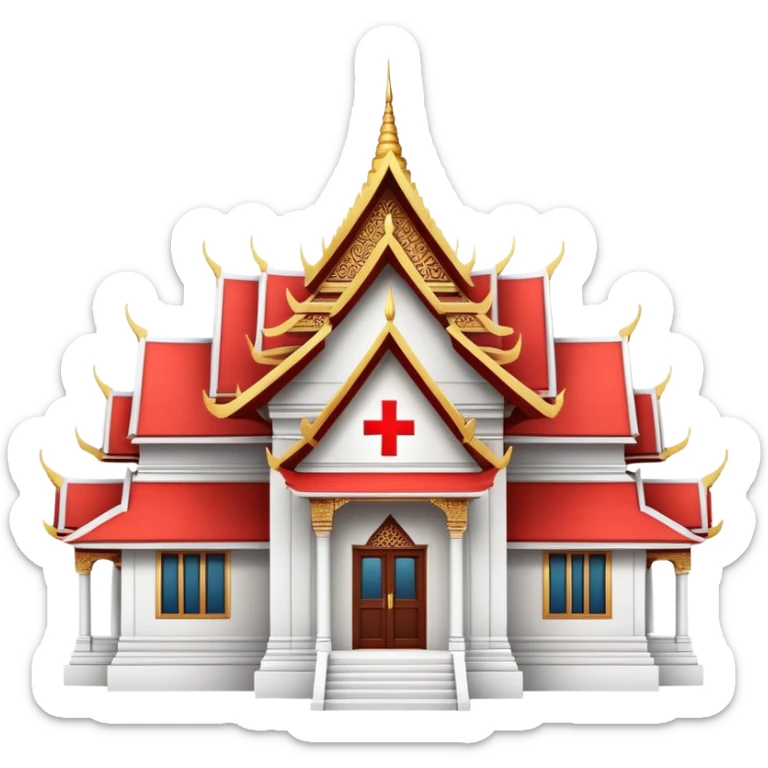 Traditional Thai hospital with pointed roof architecture, red cross symbol, ornate details, with traditional Thai architectural elements sticker