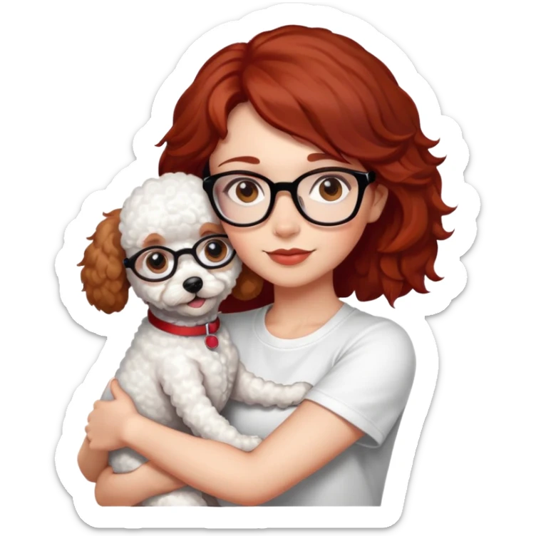 Girl with medium-short dark brown-red hair with glasses, white t-shirt, brown eyes, hugging a white toy poodle sticker