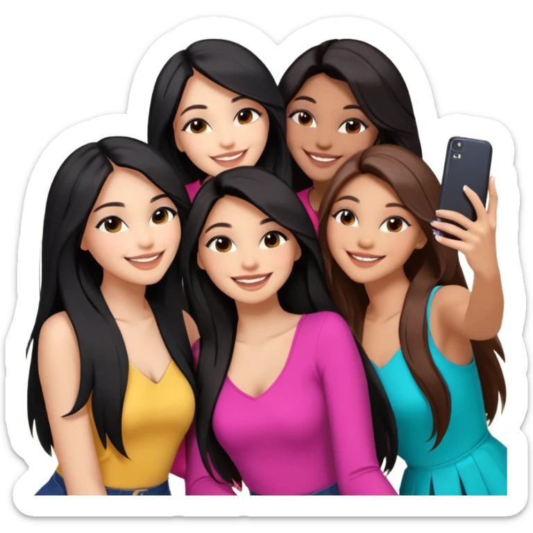 3 girl friends, one with black long hair light skin. one with brown hair long and the last girl one with black with brown medium length hair. Glammed up and hugging  and one talking a selfie and all of them smiling and looking girly all same skin tone  sticker