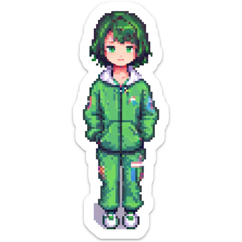 Hyun Ju character from Squid Game 3, pixel art style, short hair, green tracksuit, minimal details sticker