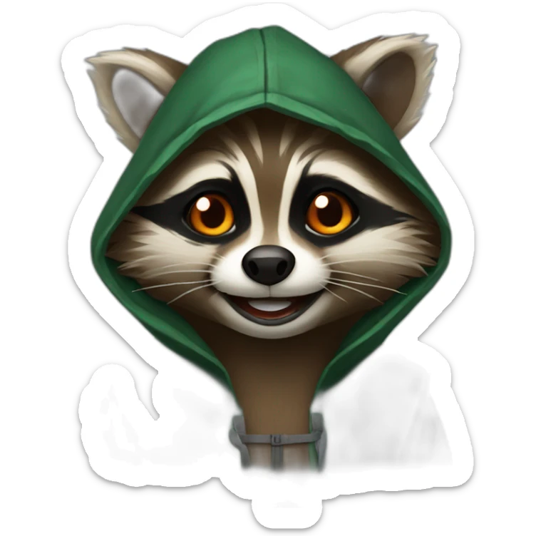 brown raccoon with orange eyes and a dark green hood that is laughing sticker