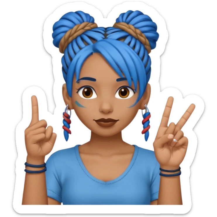 brown girl with blue dreads in a bun giving peace sign and middle finger sticker