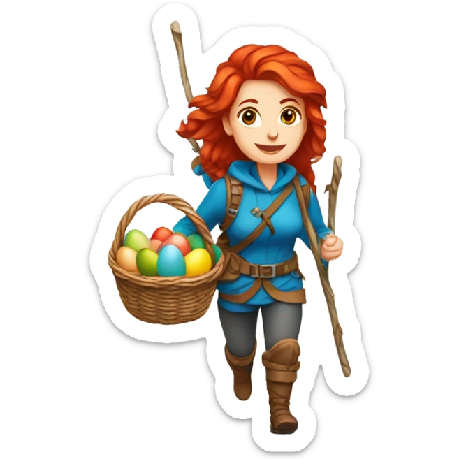 red hair female winter mountaineer climbing with Easter eggsbasket and Greek flag sticker