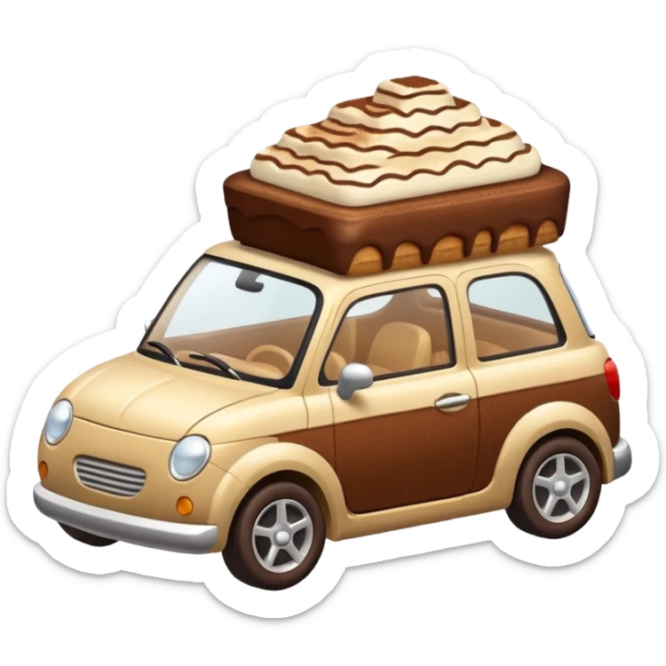 A cute small car, emoji style, side view, adorable tiramisu car, dusting of cocoa, creamy texture, dessert-inspired sticker