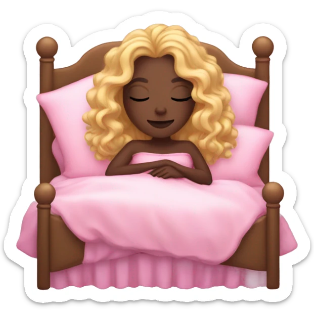 gorgeous dark skin woman with long blonde curly hair sleeping on pink princess bed sticker