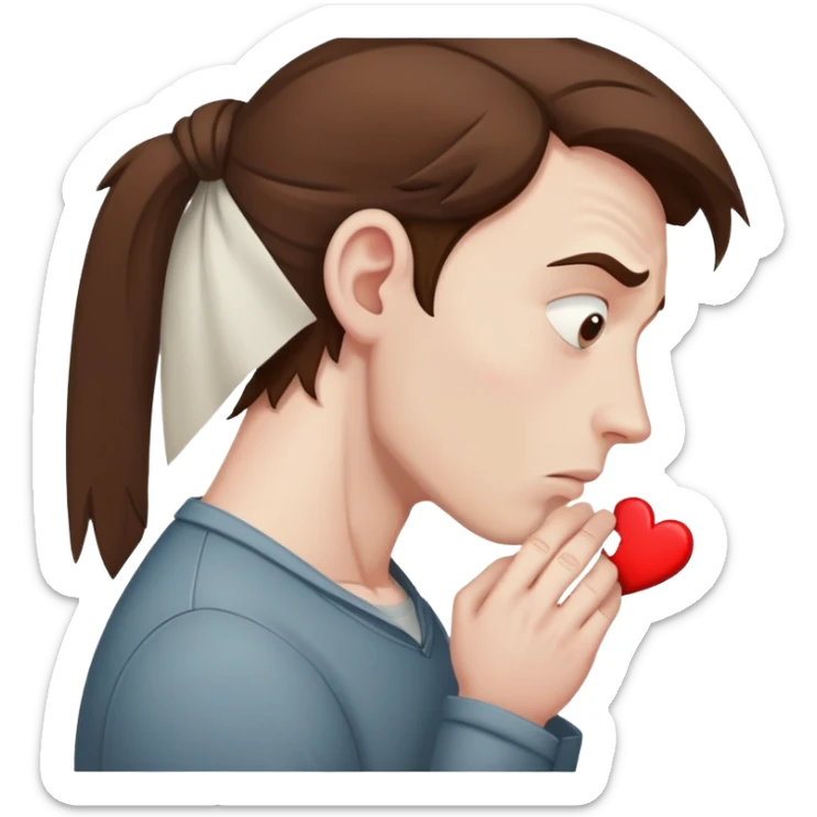 a man with brown hair staying in a
full height in profile with anxiety and begging face with a broken heart sticker