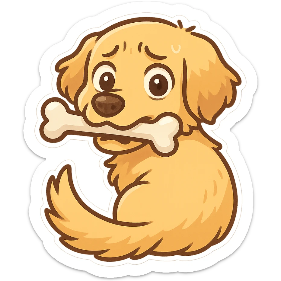 A golden retriever holds a bone in its mouth and looks back at the viewer in horror, trying to hide the bone sticker