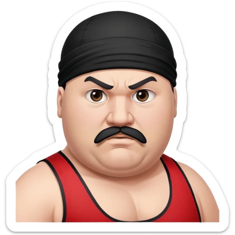 Close-up of morbidly obese white skin guy with young face, prominent BLACK DURAG tied clearly on head, distinct black beard and mustache, no muscle, black eyes in a red and black wrestling singlet with angry face sticker