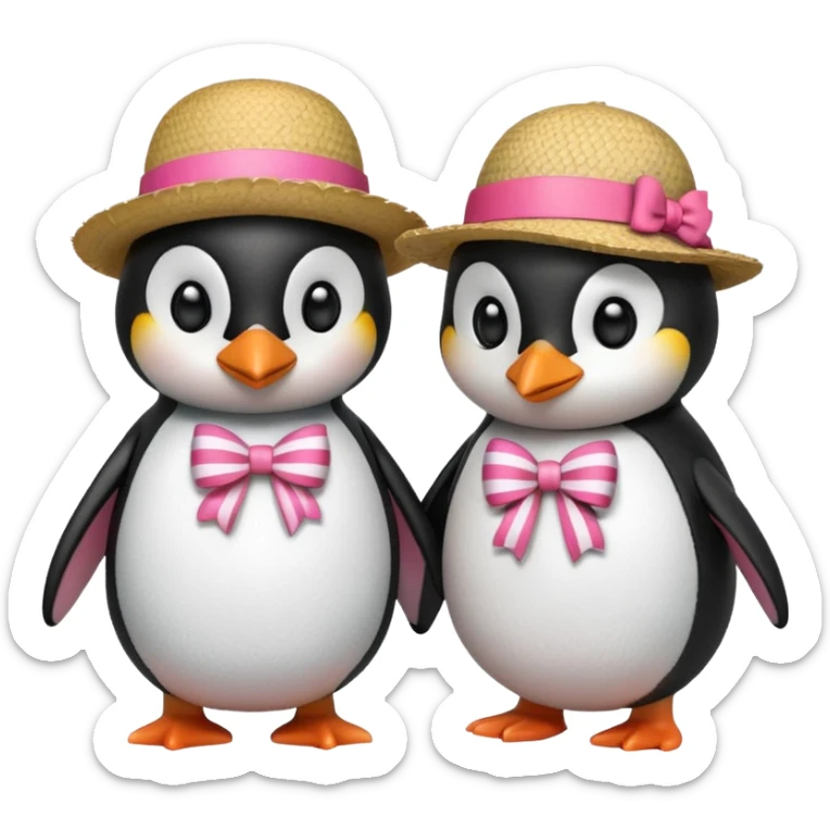 Allora fammi un emoji che rappresenta un pinguino con in testa un fiocco rosa che da la mano a un altro pinguino che in testa ha un cappello di paglia con al centro del cappello una striscia rossa sticker