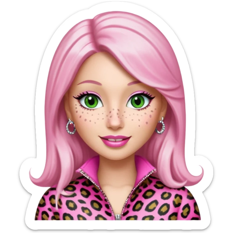 Smiling Green eyed light white skin, no freckles, Nicki Minaj wearing a pink leopard print outfit no freckles, and light pink lips sticker
