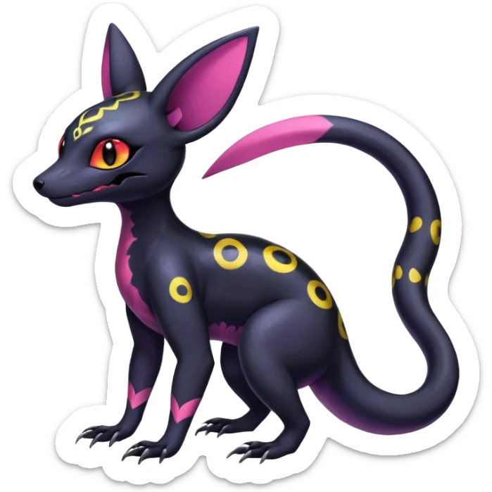 Rare epic aesthetic colorful Salandit-Noibat-Umbreon-Genet-species-Fakemon-hybrid-creature, with markings, full body sticker