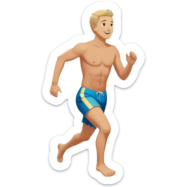 A white man running into the ocean, paisaje embracing the waves and the moment. The sun shines warmly, and the water sparkles, symbolizing the joy of creating fun and appreciating life’s simple moments. Their footprints in the sand fade as they fully immerse themselves in the present. sticker