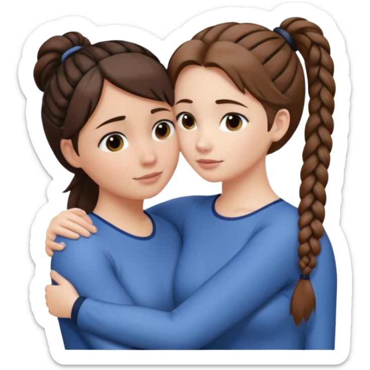 Comforting Hug two white skin women, one shorter woman with medium brown simple top ponytail, not braided, and one taller woman with a single long black side braid sticker