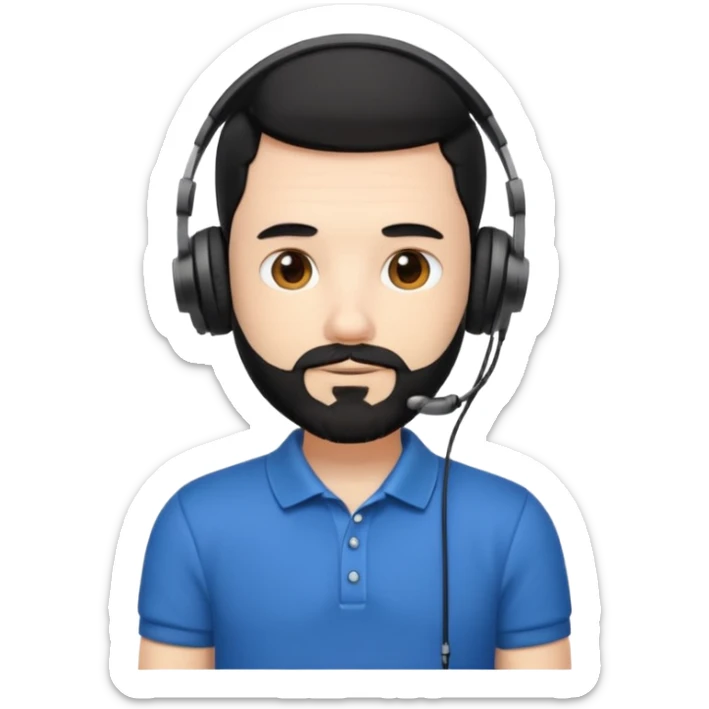 black and  hair with beard and headphones white skin male and nice polo shirt hair short on side sticker