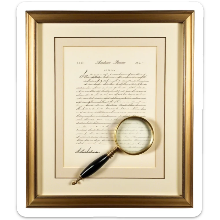 Icon for Autograph Collecting: a signed piece of paper or book page with a famous signature, surrounded by a magnifying glass, and a collection of several framed autographs. Transparent background. sticker