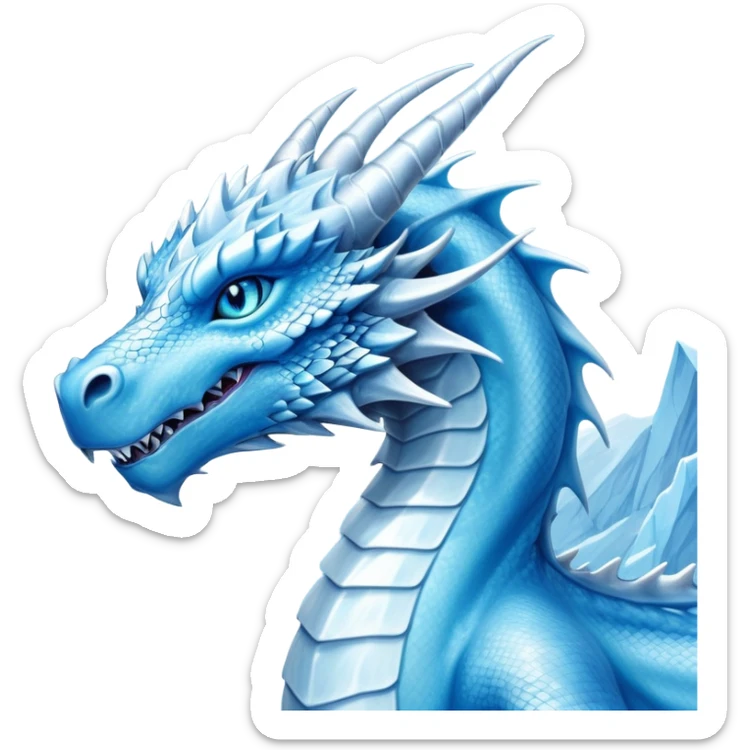 Cinematic Noble elegant Ice Dragon Portrait Emoji, Poised and imposing, distinct long elegant snout, with a slender, scaled body shimmering in glacial hues of icy blue, frostbitten silver, and crystalline white, breathing out frost, with piercing, glowing ice blue white eyes that radiate the chilling depths of an arctic storm; rendered in detail. excuding wisdom sticker