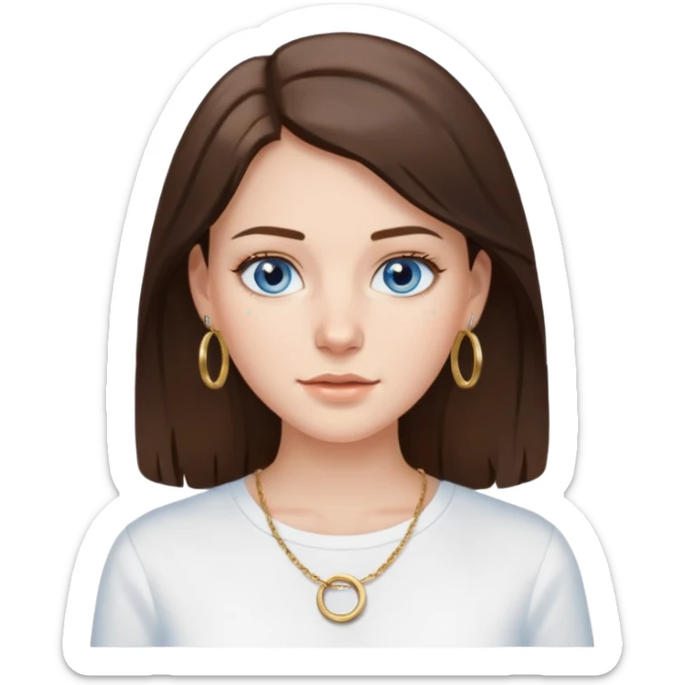 Create an emoji of a pretty white Girl with brunette hair blue eyes faint freckles and medium length hair wearing a white shirt with gold hoop earrings and a gold necklace  sticker