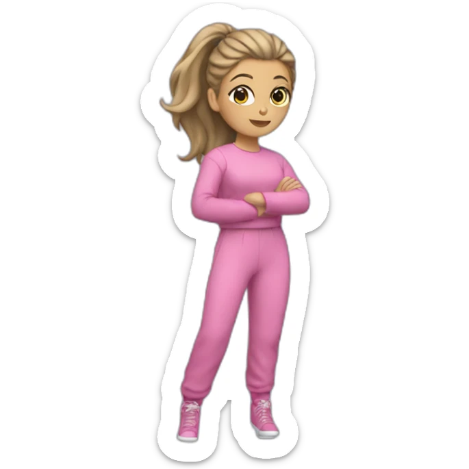 Woman dark blond hair ponytail pink  full body jumpsuit flying sticker