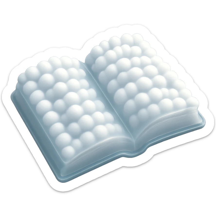 top view of a thick open book made entirely of small, very bright white fluffy convex clouds, matte glass style sticker