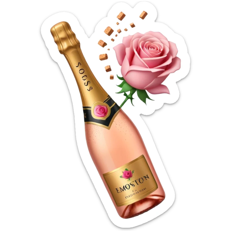 bottle of sparkling rosé champagne with a rose logo on the label, with the cork exploding out from the top, tilted up and to the left, no glass sticker