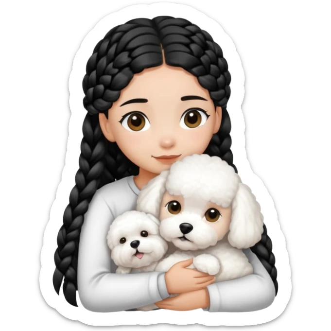 A girl with the black braids has straight hair ,hugging one Bichon frise sticker
