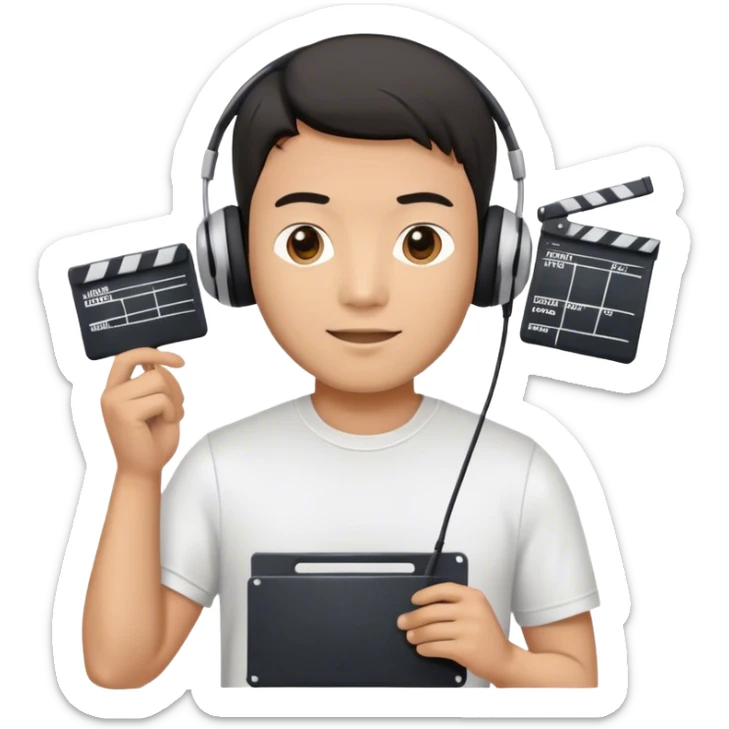 asian male movie director wear headset, tsirts with movie slate sticker