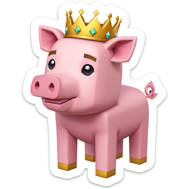 minecraft pig full body pink blocky animal with square head wearing a crown sticker