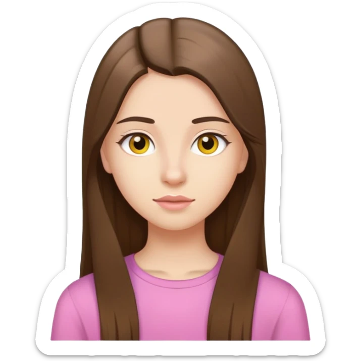 teenager with long and straight brown hair, brown eyes, small nose, pinkish lips and yellow top sticker