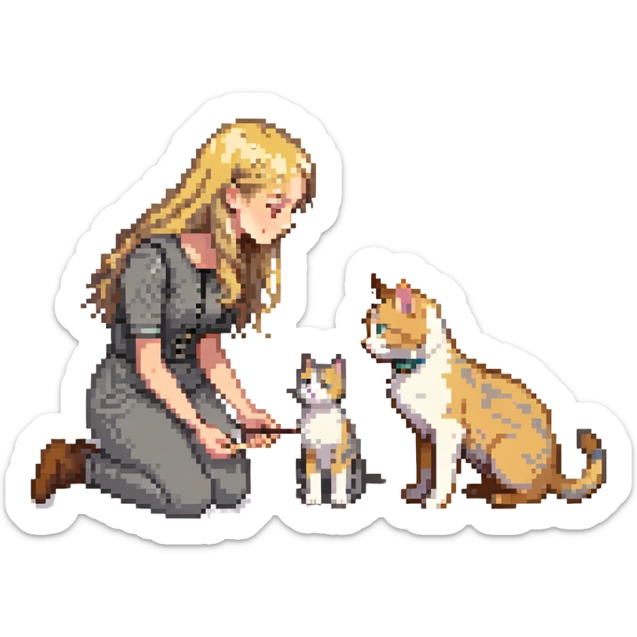 Remix: Beautiful girl with long wavy blonde hair, inspired by the reference, petting a gray and blonde mixed cat, pixel art style, girl kneeling, cat looking up sticker