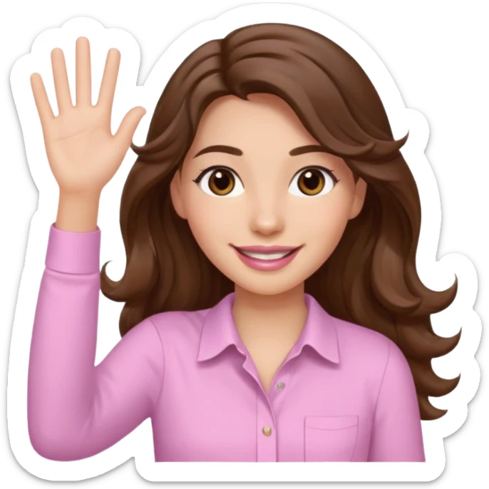 girl with wavy long brown hair, brown eyes, light to medium complexion, long lashes, light pink lipstick, smiling, wearing light pink shirt, waving hello sticker