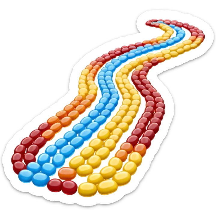 3D render of Jellybean Path, made entirely of dessert materials, glistening sugar crystal texture, pile of multi-colored glossy beans (yellow, blue, red), delicious confectionery aesthetic, Apple emoji style, isolated on white background --v 6.0. sticker