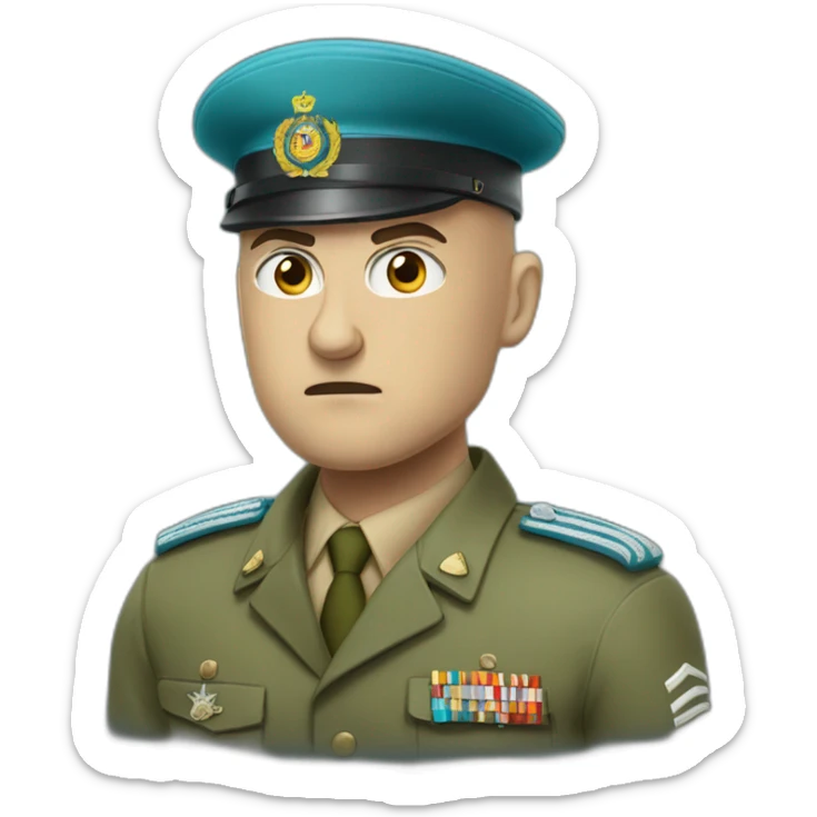 Bald white angry furious serious military man with khaki israel defense forces uniform and cyan beret sticker
