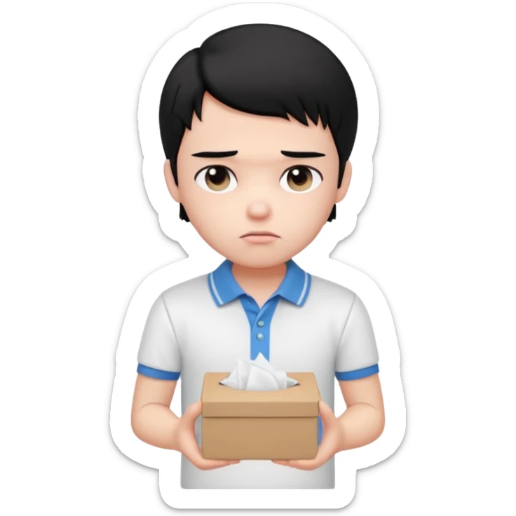 generate a pretty bratz boy with black hair, wearing a white polo shirt. Looking sad, holding a box of tissues sticker