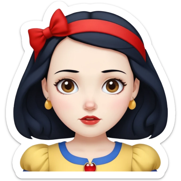 ultra simplified Snow White, blue top with yellow skirt, black hair with red headband, very minimal details, slightly zoomed out sticker