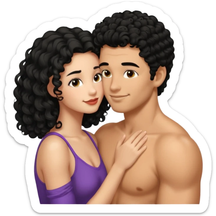 a strong man with straight short black hair kissing a shorter girl with long black curly hair sticker