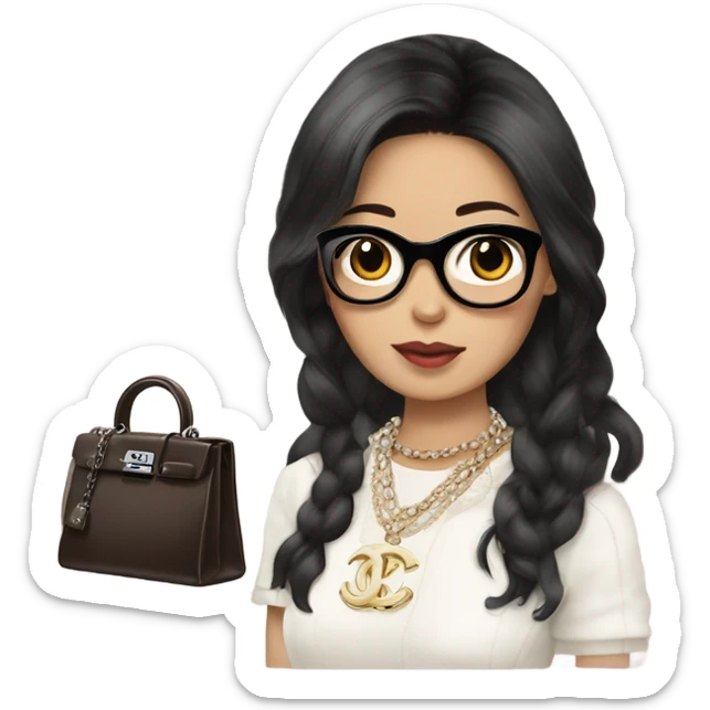Realistic Dark hair Chanel Asian Girl with Birkin bag and Chanel necklace sticker