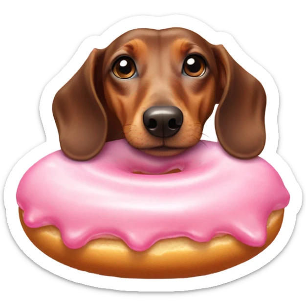 dachshund laying down licking a pink frosted doughnut in front of it sticker
