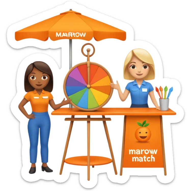 emoji of a recruitment booth. Two cartoon figures stand behind an orange table with 'MARROW, be a match' branding, a colorful spinning wheel, and a branded vertical banner. Simplified and cute sticker