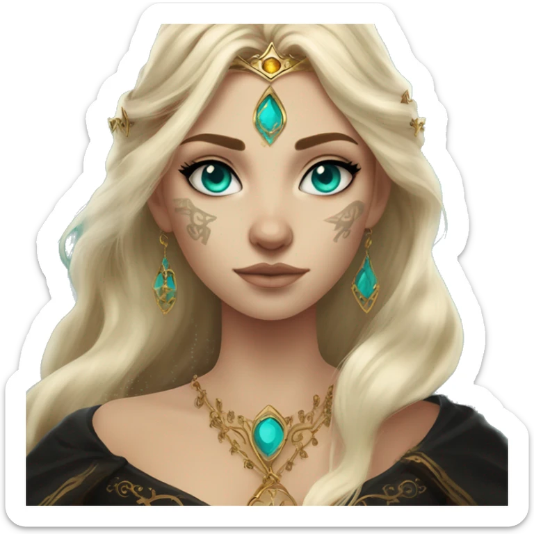 Aelin has white or golden blonde hair, turquoise eyes with a gold ring around the pupil, and tattoos and scars. Wearing a black and gold gown with a crown made of fire sticker