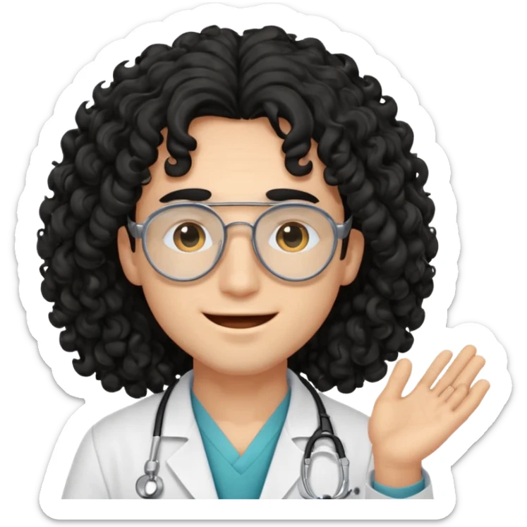 a young male doctor with black long curly hair cover his eyes a little bit and cheerful face sticker
