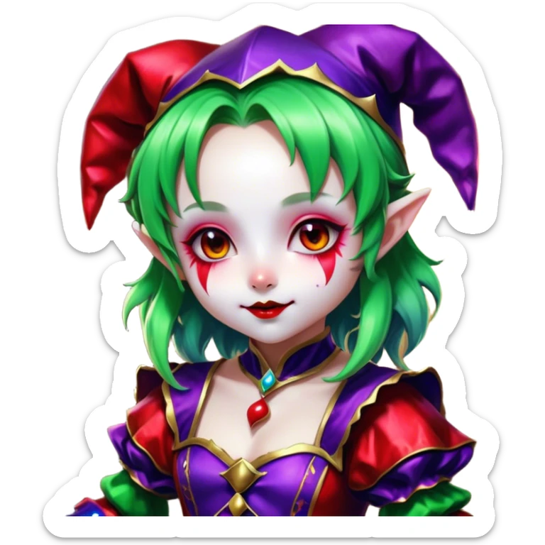 Cinematic chibi style girl in dressed like a Jester, Ultra realistic 32k HD, Breathtaking piece of art, rim lighting, hauntingly beautiful art, vibrant colors, Balanced features, highly detailed digital artwork, glowing with silver light, glowing, high shine, deviant adoptable, highly detailed clothing, remembrance, a painting of white silver, fanciful, enchanting, ghostly, embodying the essence of both reality and fantasy, dreamy, dreamy glow, optical illusion, immaculate composition, complex pose, air composition. The image is so lifelike that it feels as though it could leap off the canvas at any moment sticker