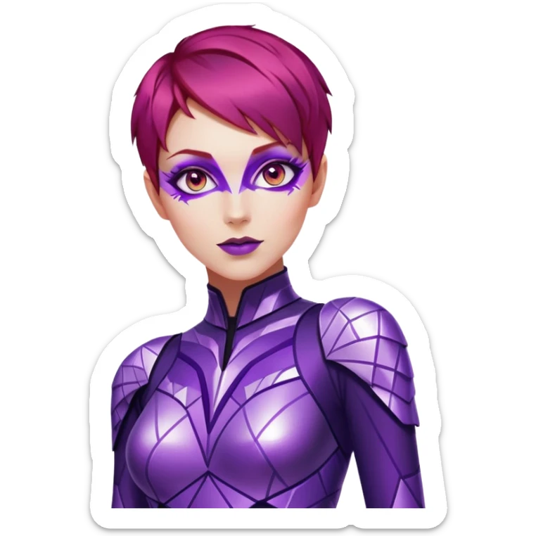 a woman with fair skin, short red hair, and glowing purple eyes. She wears a sleek, metallic purple and silver costume with geometric patterns and glowing accents. Her body shimmers with energy sticker