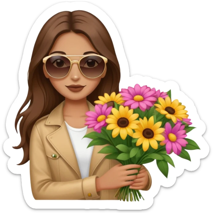 cool girl with long brown hair holding a bouquet of flowers, sunglasses, trendy sticker