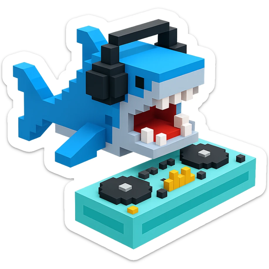 voxel style shark with dj set, open mouth, blocky, blue and silver, no background sticker