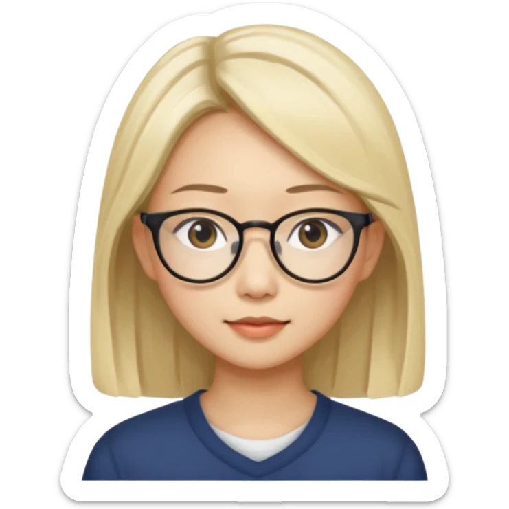 asian looking female with slight blonde hair a little longer  with eye glasses, fair complexion not that pointed nose but slighty little eye please make the hair longer shoulder length sticker