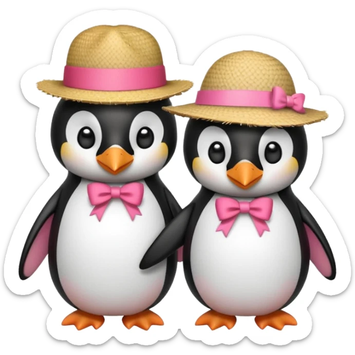 Allora fammi un emoji che rappresenta un pinguino con in testa un fiocco rosa che da la mano a un altro pinguino che in testa ha un cappello di paglia con al centro del cappello una striscia rossa sticker