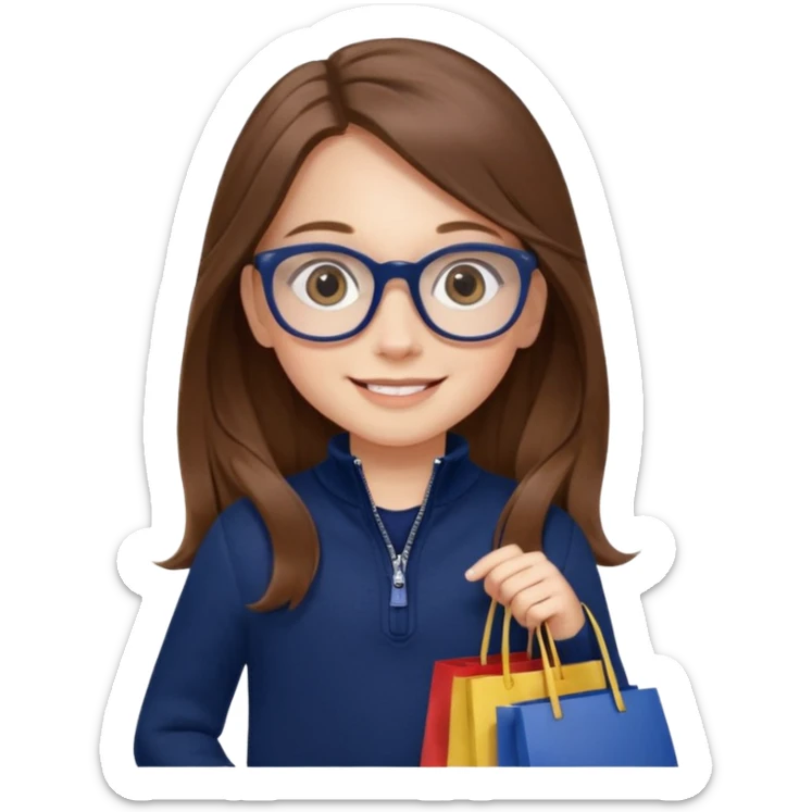 A little girl (he usually calls her baby), who is obsessed with shopping and luxury brands and holds a dozen of bags, she wears navy blue half zip sweater and holds 10 bags and she has long brown hair with Prada eyeglasses. The previous one but with eyeglasses  sticker