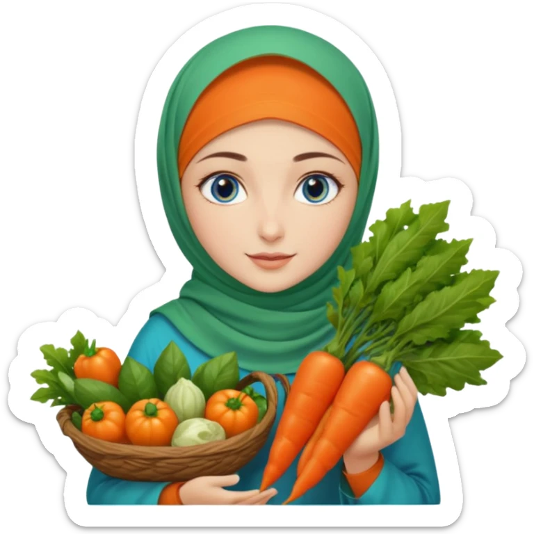 Turkish beautiful finish Konya girl blue eyes with garden design orange green hijabi dress and she had on her hand vegetables  sticker