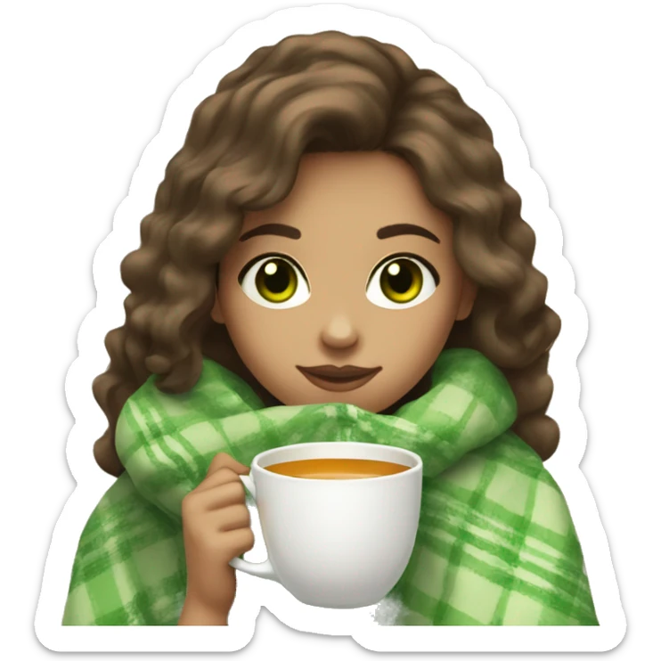 Girl with brown hair, light skin and green eyes drink a hot tea with a blanket sticker