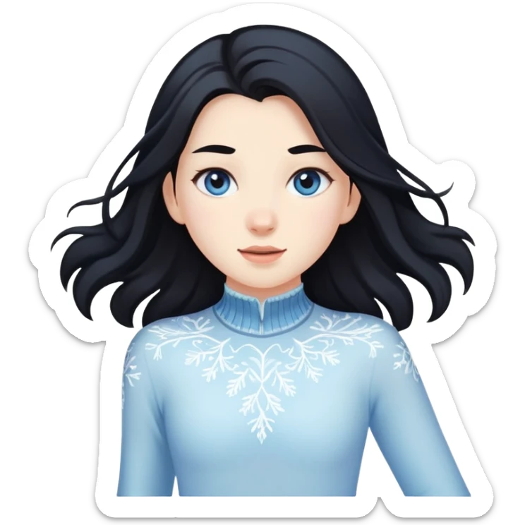 pale girl with long black hair ice skating, iOS emoji style sticker